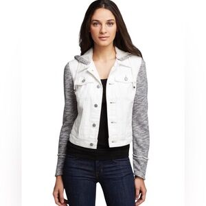 Free People Cream Denim Knit Hooded Jacket Distressed Boho Moto Layer Women’s XS